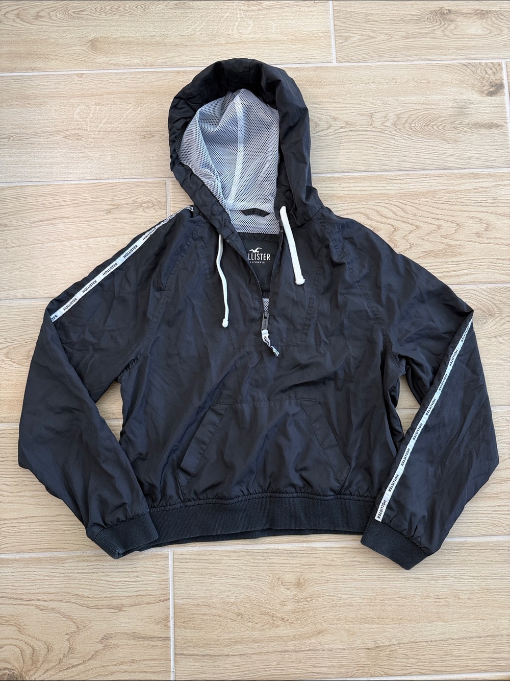 Hollister Black Hooded Windbreaker with White Drawcords